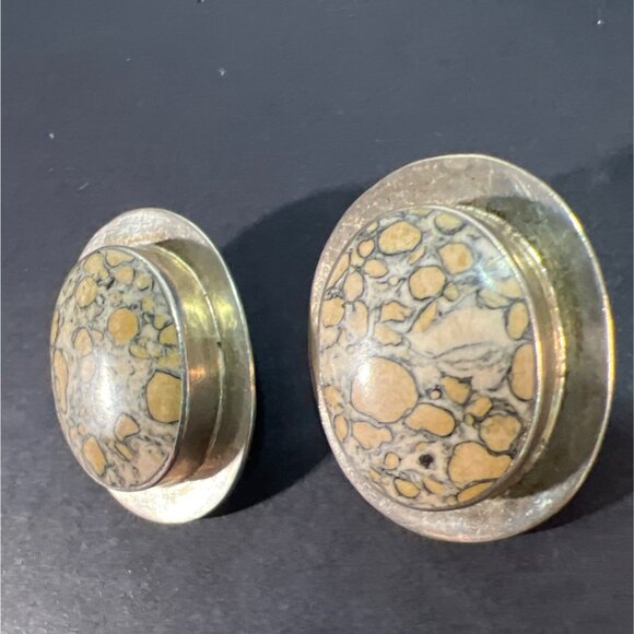Vtg Natural Leopard Skin Jasper Cabochon Sterling Silver Clip Earrings Artisan - Picture 2 of 10